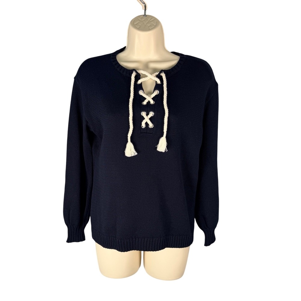 Talbots Sweater PS Petite Small Navy Blue Tassel Rope Nautical Fisherman Coastal